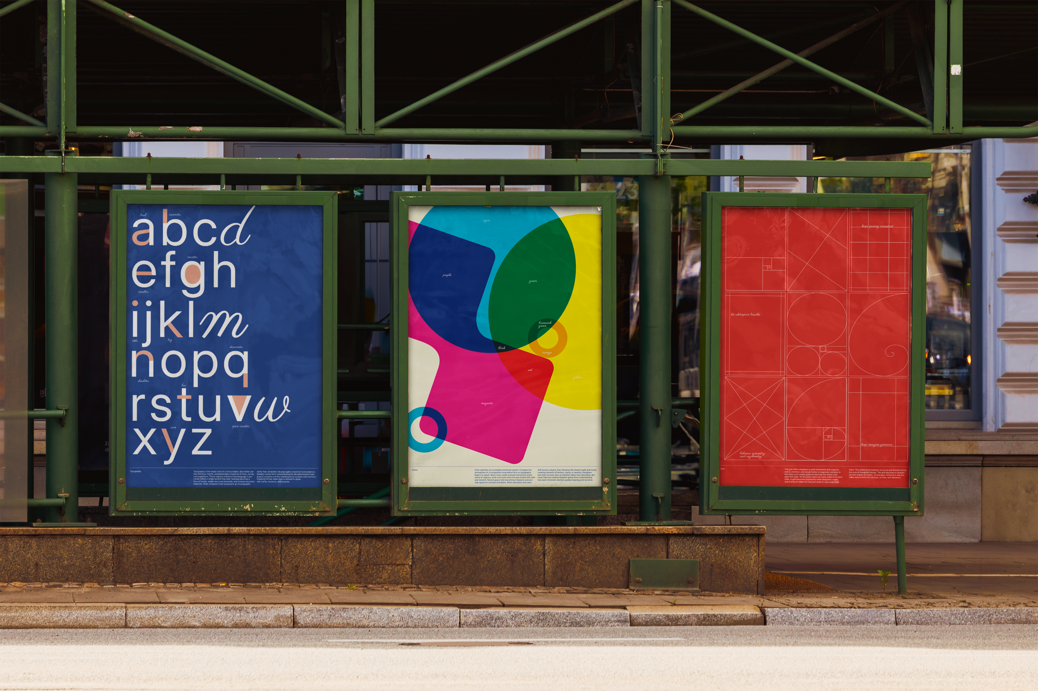 The three Creativity Through posters — colour, type and grid